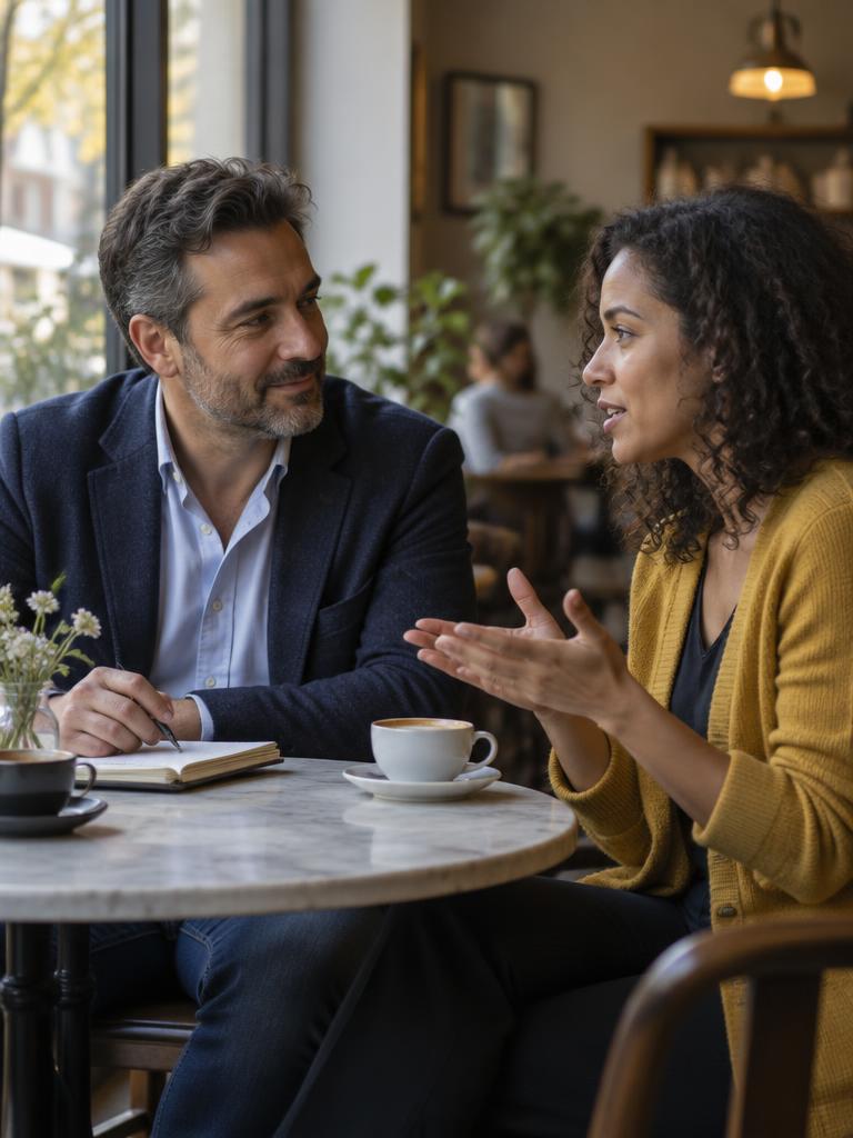 Two people talking across a small café table, one listening intently with a notebook open