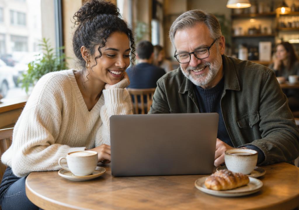 Two people leaning over a laptop at a cafe table, both smiling at the screen